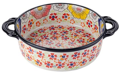 CRCRC Fuente redonda de cerámica for hornear con asas, bandeja for hornear con diseño floral colorido, apta for horno, for guisos, guarniciones y postres