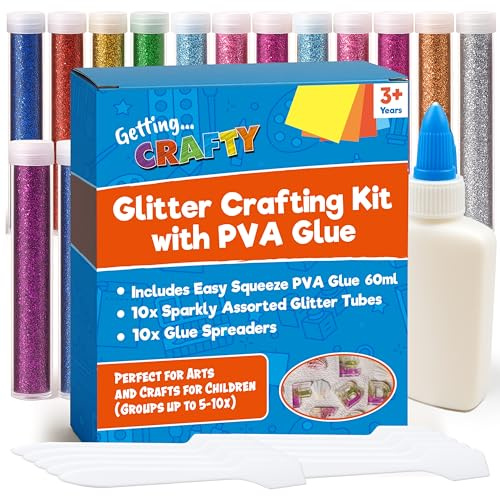 SOL Glitter Art Crafting Bundle with 10x Colourful Glitter Tubes, 1x PVA Glue & 10x Glue Spreaders - Kids Crafting, Scrapbooking, Card Poster Making, Christmas Decorations Craft Set Kids Adults | Includes glue spreaders, washable and mess free, for cards and posters