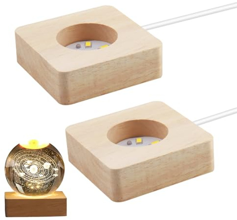 QTMMC 2 Pack Wooden LED Light Base Wood Light Display Base Stand 6 x 6 cm | Square Wooden Lighted Base for 3D Crystal Ball Laser Glass Resin Art Warm Color Light USB Cable with Switch