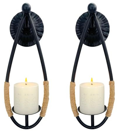 Aimto Wall Sconce Candle Holder Black Wall-Mount Metal Candle Holders Hanging Iron Wall Candle Sconce Holder and use Hemp Rope Decoration,for Home,Living Room, Bathroom, Dining Room, Set of 2