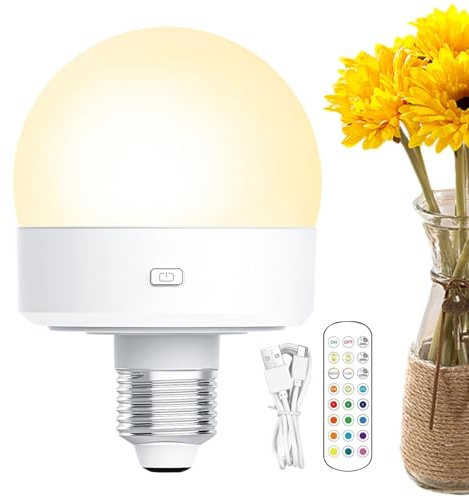 Bombilla de Batería Bombilla Inalámbrica | Bombilla G Bombilla E26 Regulable Bombilla Recargable con Mando a Distancia Bombilla LED Extraíble H con 3 Colores a Elegir y 4 Temporizador