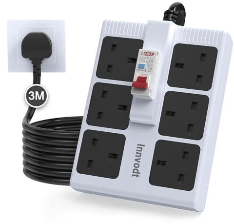 Innvodt 3M 6 Gang RCD Extension Lead, 13A 30mA MCB, Fused Protected PDU | Heavy-Duty, 3250W, Flame-Retardant