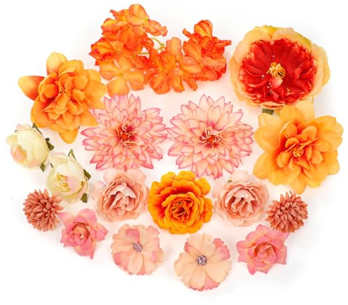 MWOOT 17 Stück Künstliche Blumenköpfe, Kunstblumen für Handwerk, Gefälschte Rosen Pfingstrose Seerose für DIY Hochzeit Party Festival Haus Garten Dekoration, Kunstblumen Deko(Orange)