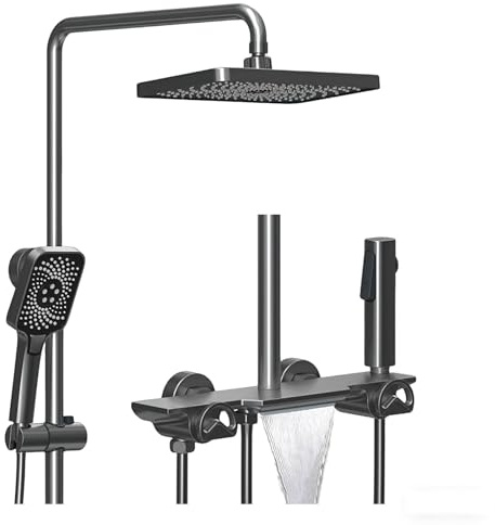 Colonne de Douche Dorée Laiton Ensemble Douche Mural 4 Fonctions Kit Système de Douche Hauteur Réglable avec Douche de Tête, Bec Baignoire Cascade, Pommeau de Douche, Douchette WC