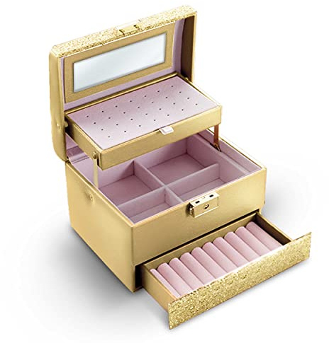 Massido Schmuckkästchen Schmuckschatulle mit Spiegel Schmuckaufbewahrung Organizer Tragbar 17,5 x 13,7 x 12,5 cm Gold