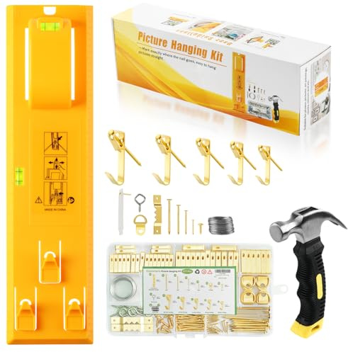 Starlife Picture Hanging Kit, Goodsnova Picture Hanging Tool with Level and Marking Device, Including 218PCS Wall Frame Hanging Kit with Hooks, Nails, Wires, Sawtooth and Hammer (Yellow)