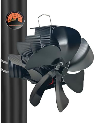 Ventilateur de Poêle à Bois, 6 Lames En Alliage D'Aluminium De Haute Qualité, Économie d'Énergie Sans Électricité, Installation Magnétique Forte, Fonctionnement Silencieux (<25dB), avec Thermomètre