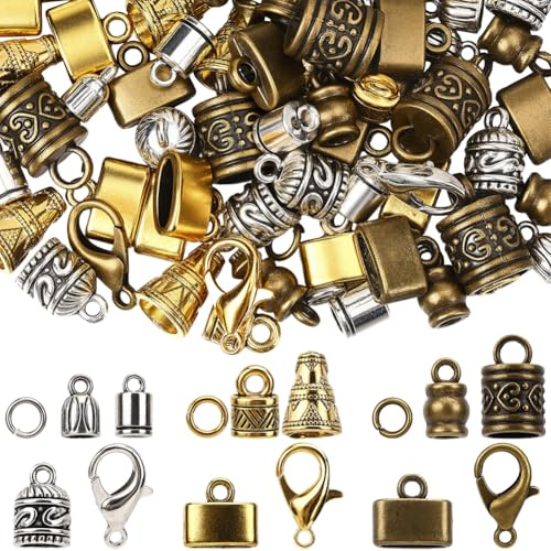 SUNNYCLUE 1 Box 210pcs Cord Ends Caps Kumihimo Bracelet Ends Alloy Antique Gold Silver Bronze Tassel End Tip Caps with Lobster Clasp Ring Link for Jewellery Making Kit Necklaces Bracelet Supplies DIY