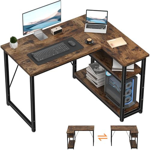 TRIUMPHKEY Bureau d'angle L 100x80x75cm avec 3 Etagères Réversible, Marron