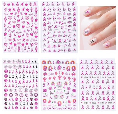 WANDIC 10 hojas de calcomanías de uñas con cinta rosa de octubre, flores de cáncer de mama, calcomanías autoadhesivas para decoración de accesorios de arte