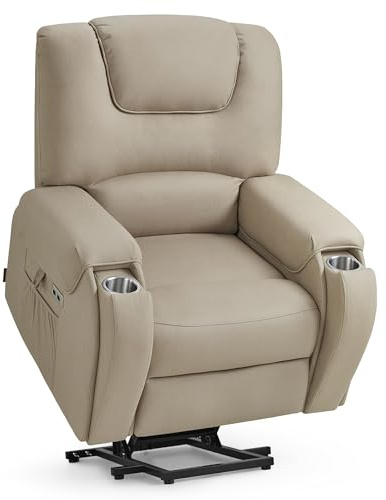 M MCombo Sillón de televisión con función de elevación eléctrica, con Masaje y calefacción, sillón reclinable hasta 145°, portavasos Ocultos 7252 (Microfibra, Beige marrón)