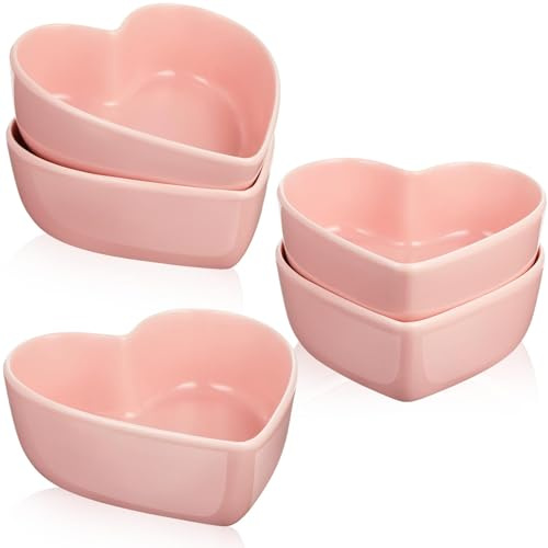 Skylety 4 Pcs Heart Shaped Bowls Valentine Ceramic Dessert Bowls Salad Kitchenware Cooking Gifts for Serving Dipping Seasoning Wedding Anniversary(Pink,4.5 Inch)