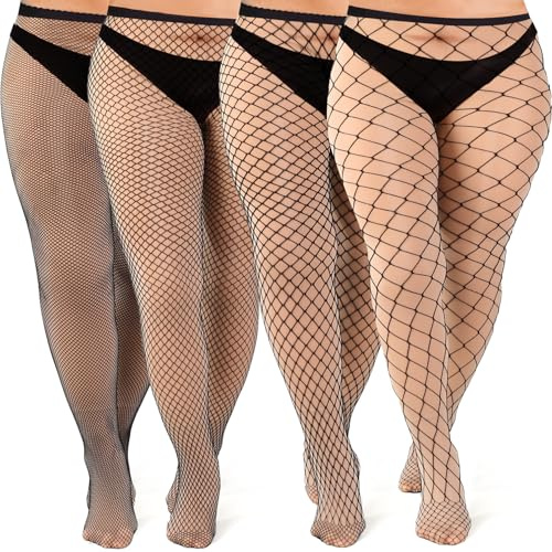 Zuimei 4 Pairs Black Fishnet Tights for Women One/Plus Size Sexy Stockings | Sexy Cross Mesh High Waist Fishnets Stockings 4 Styles Ladies Fish Net Tights for Parties Role Play Daily Wear