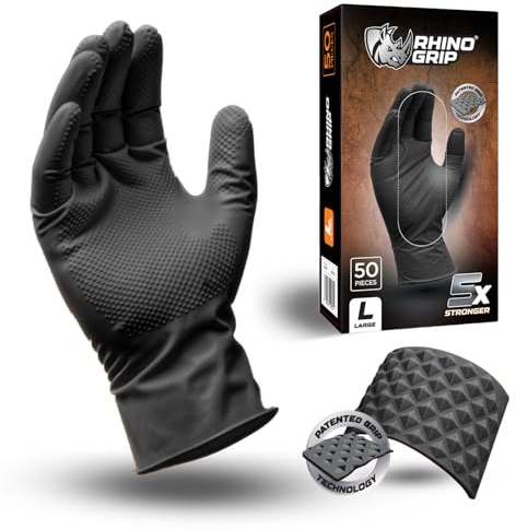 RHINO GRIP Nitrile Gloves - Heavy Duty Disposable Gloves, Diamond Grip Black Gloves - Powder-free & Latex Free Nitrile Gloves, Extra Thick & Ultra Tough Gloves (Extra Large)