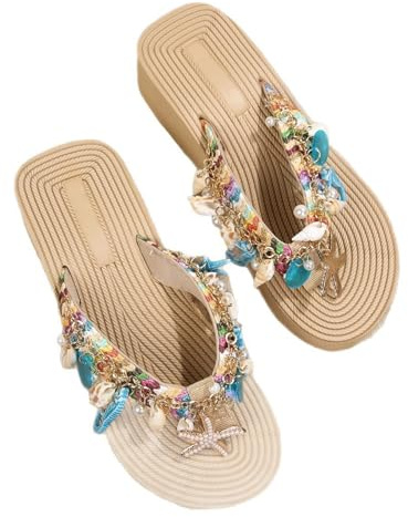 Qgtxf Sandali da Donna Starfish della Conchiglia Scarpe di Spiaggia Estiva Casual Tacco Cuneo Flip Flop Pantofole(Blue,39 EU)