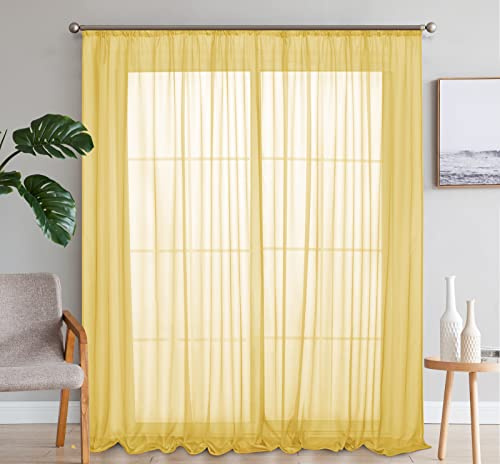 SIMPVALE 2 Paneles Cortinas Visillos Transparentes Clásicas de Color Sólido Cortina de Gasa con Ganchos Riel para Dormitorio, Habitación, Sala de Estar, Balcón, 140x145cm, Amarillo
