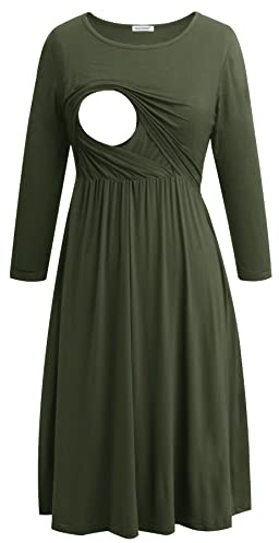 Smallshow Women's Maternity Nursing Dress 3/4 Sleeve Dress for Breastfeeding Medium Army Green
