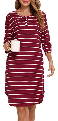 Vlazom Women's Nightdresses Soft Cotton Nightshirt Stripe 3/4 Sleeve Sleep Dress Sleepwear with Pockets, Wine Red,L