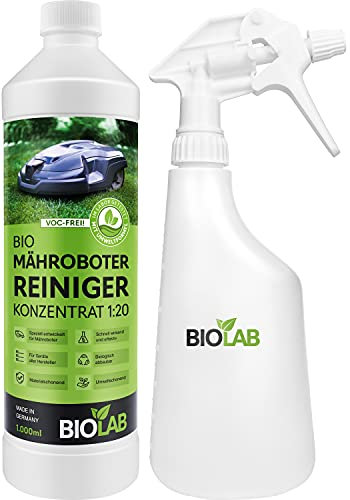 BIOLAB Bio Mähroboter Reinigungsset (1000 ml Konzentrat incl. Sprayflasche) zur Rasenmäher Roboter Reinigung, passend für Gardena, Husquarna, Bosch, Stihl, Einhell, Worx, Yard Force etc.