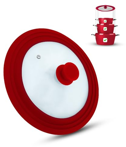 M.S.N Universal Glasdeckel, Töpfe und Pfannen 20/22/24 cm, mit Auslassventil und Silikonrand. (Rot, 20/22/24)