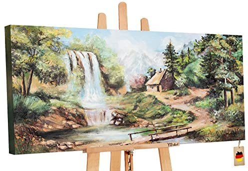 YS-Art Abstrakt Acryl Gemälde auf Leinwand Wasserfall handgemalt Wandbilder Wohnzimmer modern Wohndekor Bilder Büro Haus im Wald Bach grün echte Kunst 120x60 cm