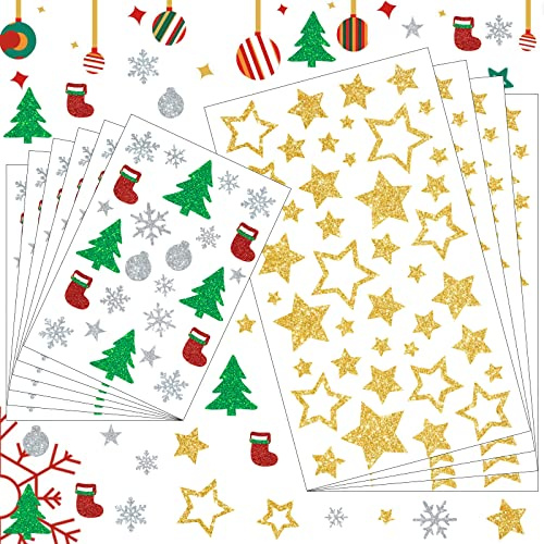 Weihnachts Sticker,10 PCS Weihnachten Glitzer Stickers, Selbstklebende Weihnachtsdeko,Aufkleber Weinachten Weihnachtsbaum Sterne Schneeflocken für Weihnachtliche Bastelarbeiten und Deko