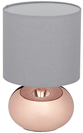 Relaxdays Lámpara Mesita Noche Táctil, Luz Salón Decorativa, Redonda, Casquillo E14, con Pantalla, Plateada y Cobre