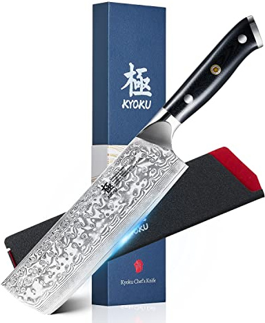 KYOKU Gin Series Nakiri Knife, 7 Vegetable Knife, Japanese Style VG10 Damascus Stainless Steel Kitchen Knife with Silver Ion Blade G10 Handle & Mosaic Pin, Professional Chef Knife for Veg Fruit Meat