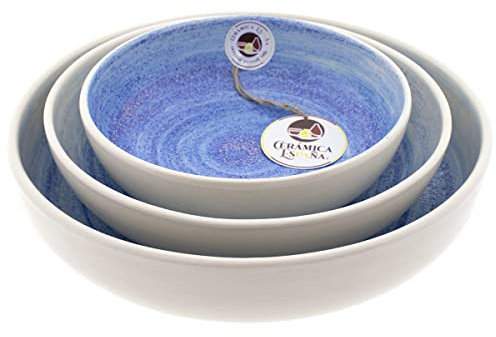 CERÁMICA ESPAÑA | Ensaladera cerámica | Ensaladeras originales | Ensaladeras decoración Arena Azul Claro Conjunto x3 - Modelo M02 | Decoración 100% hecho a mano | 27x27x6 + 22x22x6 + 18x18x5.5 cm