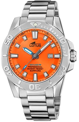 LOTUS Reloj Hombre Analógico de Acero Inoxidable 316l Plateado | Movimiento de Cuarzo, Calendario, Cristal Zafiro de Alta Resistencia, Resistente al Agua 20 ATM 18926/3 Diver