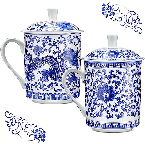 Dandat 2 Pieces China Porcelain Tea Cup with Lid Convenient Travel Kung Fu Personal Bone China Mugs Ceramic Brewing System for Home Office Kitchen