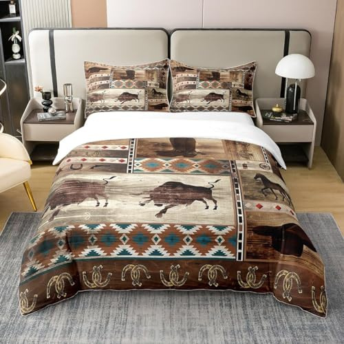 100% Cotone Copripiumino Western Cowboy Rustico, Set da letto 240 x 260 cm per Cowboy Cowgirl, Set di biancheria da letto Tribale Boho Azteco, Copripiumino Fattoria Ferro di cavallo Marrone
