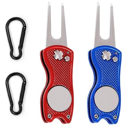 Kiuiom Golf Zubehör,Pitchgabel Golf Switchblade,Edelstahl Golf Divot Multifunktion Tool,2PC Klappbare Pitch Gabel mit Karabiner zum Ausbessern von Auf Dem Tool für Golf Club-Sport Freien (Rot,Blau)