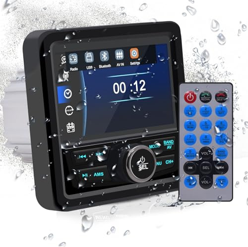 Geloo Boat Radio Marine Stereo Receiver-Waterproof Digital Media MP5 Player with 4.1 LCD Display For Watching Video, Wireless Connection, AM/FM Tuner, AUX USB Preset EQ Subwoofer, Multi-Color Buttons
