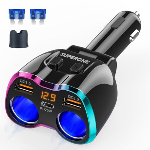 [Updated 2024] Cigarette Lighter Splitter, SUPERONE 180W 2-Socket Cigarette Lighter Adapter with Dual QC3.0 and 20W PD USB C Car Charger Splitter for GPS/Dash