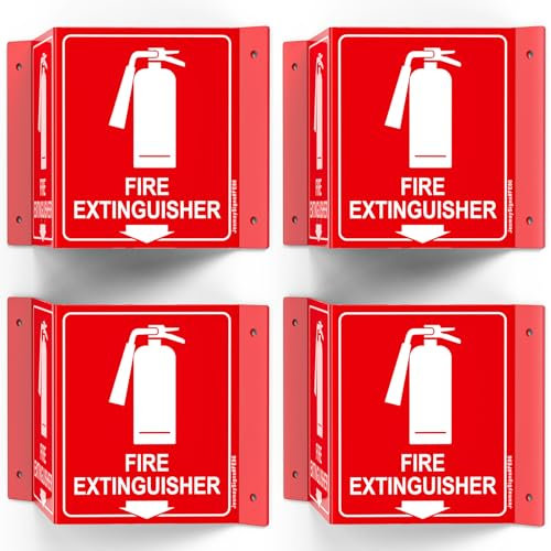 Señal de extintor de incendios, extintor con flecha hacia abajo, paquete de 4, acrílico de 8 x 6 pulgadas, 4 agujeros preperforados, incluye tornillos a juego, uso para oficina en casa/negocios,