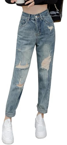 MGizo DtiSpectrum Jean Déchiré pour Femme - Jean Bleu Clair Coupe Décontractée Effet Vieilli, Jean Boyfriend Taille Haute à Jambe Droite, Pantalon en Denim à Revers Roulés