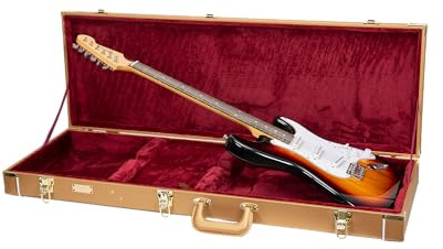 Crossrock rechteckiger Holzkoffer für Stratocaster & Telecaster | Luxusgold Kunstleder, Bordeaux Samt, Schloss – Designer Series (CRW520ELG)