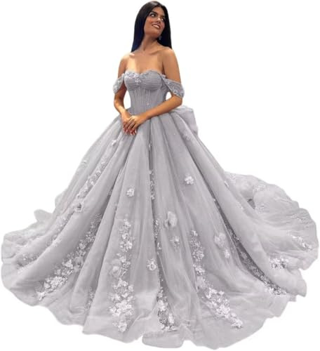 Fuomomo Off Shoulder Quinceanera Dresses Ball Gowns for 15 16 Year Old Quinceanera Evening Gowns with lace Appliques MT033 Silver