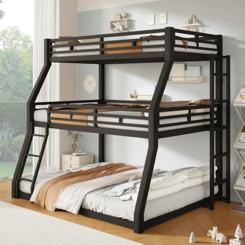 Lcoho Etagenbett, 90x200 cm, 120 x 200cm und 140 x 200cm, Metallbettgestell, Eisenbett, Dreifach-Etagenbett, für Kinder, Jugendliche und Erwachsene, Ohne Matratze, Weiß (Schwarz)