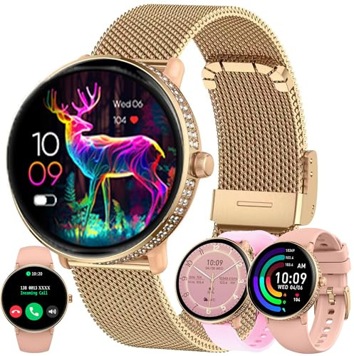 ZPIMY 1,19” AMOLED Diamant Smartwatch Damen mit Telefonfunktion, 5ATM Fitnessuhr mit Schrittzähler Herzfrequenz SpO2, Schlafmonitor, Sportuhr Aktivitätstracker für Android iOS, (Gold)