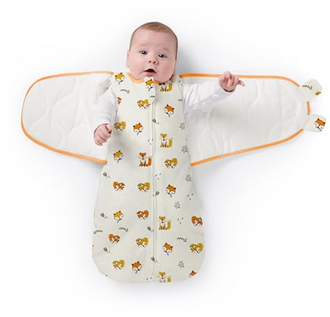 Teruko Swaddle Sleep Sack 3-9 Months — 2.5 TOG Quilted Cotton Baby Sleeping Bag, 2-Way Zip, Velcro Wrap, Family Fox, UK Company