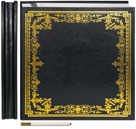 Vienrose Großes Selbstklebendes Fotoalbum Kunstleder Fotoalbum zum Selbstgestalten 27×28 cm Vintage Bedrucktes Erinnerungsalbum DIY 40 Seiten mit Metallic Stift, Schwarz