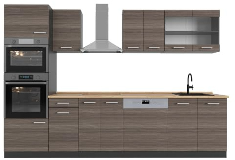 Vicco Küchenzeile R-Line, Edelgrau, 300 cm mit Hochschrank, ohne Arbeitsplatte, zur individuellen Kombination und Erweiterung geeignet