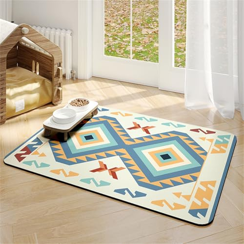 FANSU Bohemian-Stil Napfunterlage Hund Saugfähig Schnelltrocknende, Waschbar rutschfest Futtermatte, Universell Futtermatte Hund Futterunterlage Katze, für Hunde & Katzen (Blau,50x70cm)