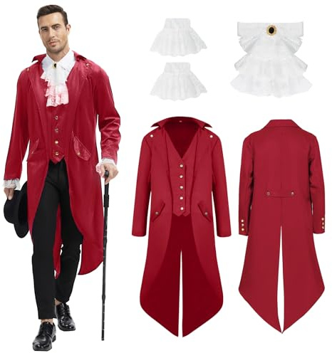 rumnigh steampunk herrjacka, gotisk frack herrkappa, medeltida viktoriansk vintagejacka uniform lång smoking, halloween party karneval cosplay kläder (röd, 4XL)