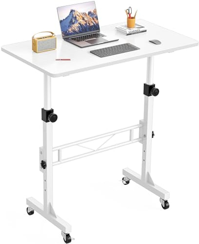 HOMIDEC Height Adjustable Standing Desk, 80x40cm Mobile Small Desk, Portable Home Office Computer Desks with Wheels, Modern Simple Style Desks for Bedroom, Living Room, Office, White