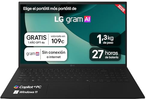 LG gram 15Z80T-G.AS55B Portátil 15, Windows 11, AMD Ryzen AI 5, 16 GB RAM, 512GB SSD, AMD Radeon Graphics 840M, Pantalla IPS (1920x1080), Ligero, 1.290 g, 27 Horas, AI, Negro