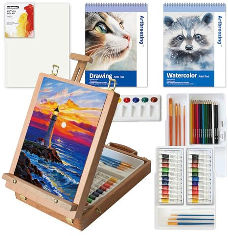 Artbreezing Mixed Media Art Set,55 Pack Painting Supplies Kit with Tabletop Sketch Box Easel and Various Accessories,Complete Painting Set for Students Artists Beginners