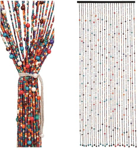 Handmade Beaded Door Curtain Fly Screen – Wooden Room Divider for Doorways, Boho Bamboo Hanging Panel, Insect Barrier for Living Room, Balcony, Bedroom – 90x190cm